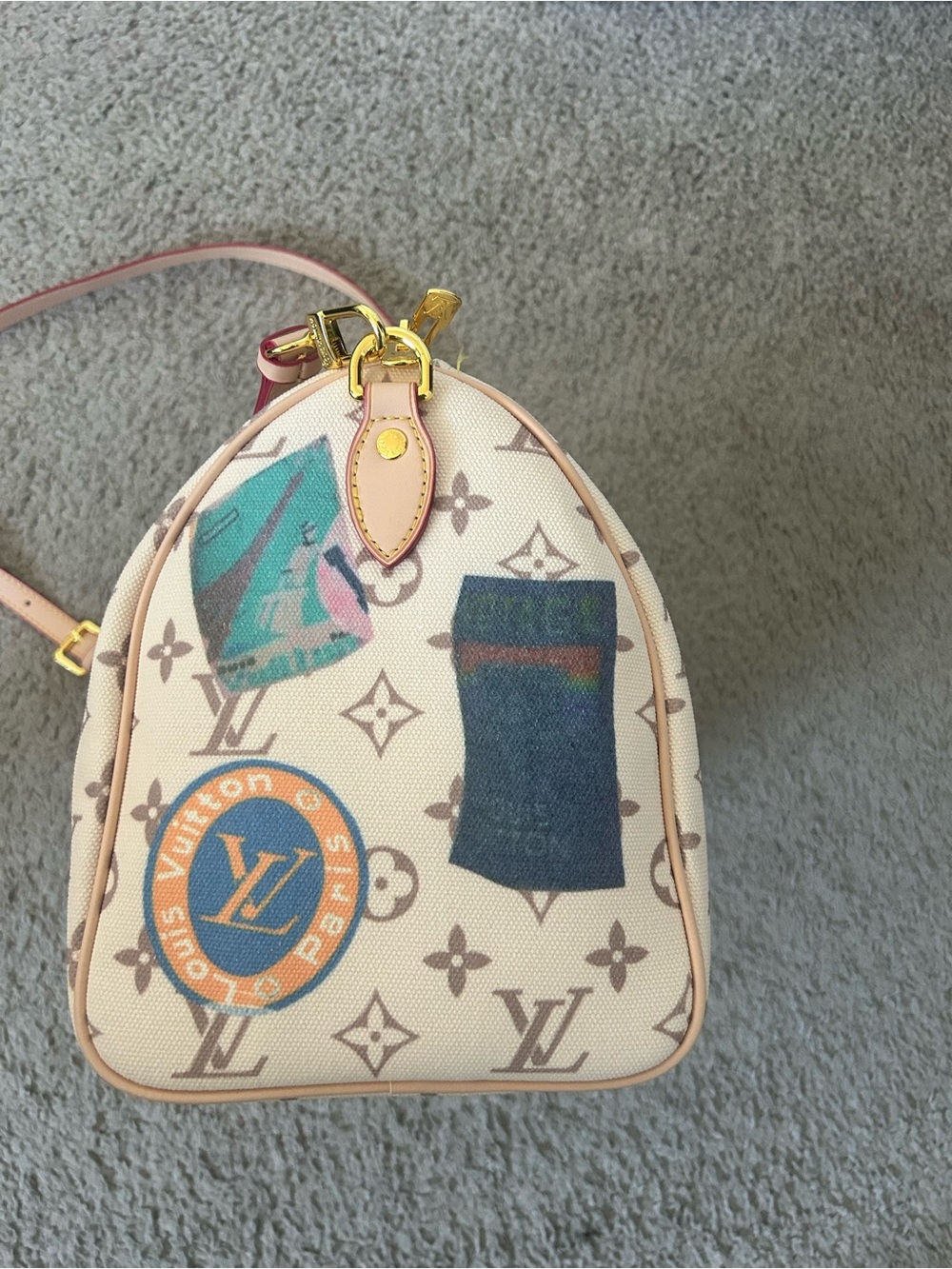 Beige Monogram Travel Patch Satchel with Blue Tag and Pink Straps - Picture 4 of 14